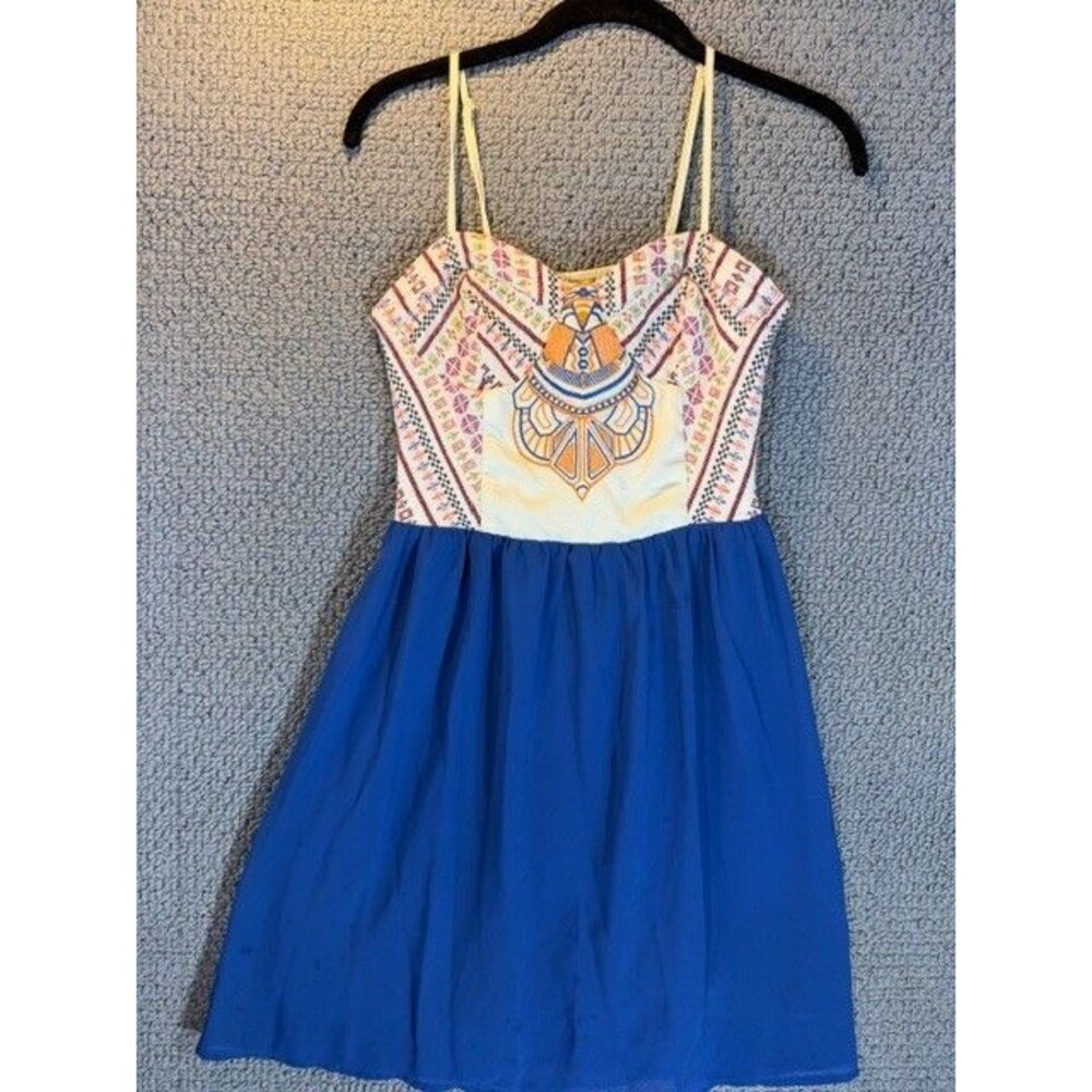 Flying Tomato Spaghetti Strap Short Flouncy Blue and Cream Dress Embroidery MED
